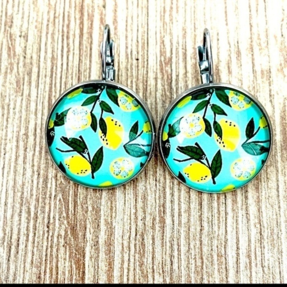 Vintage Style Lemon Print Stainless Steel French Clasp Earrings, 20mm, NWT
